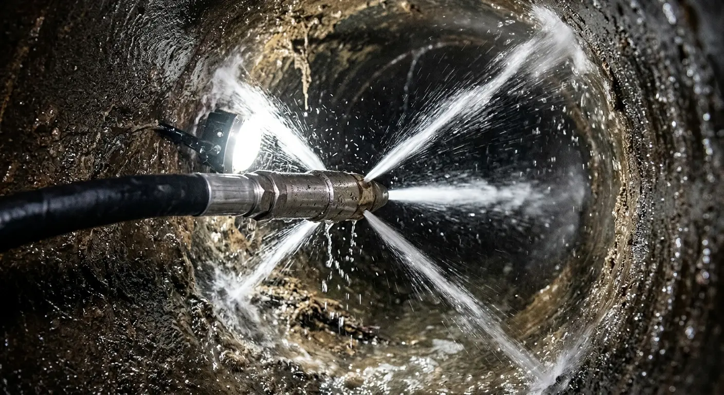 High-pressure hydro jetting nozzle cleaning sewer pipe for Trenchless Sewer Repair in Beverly Hills