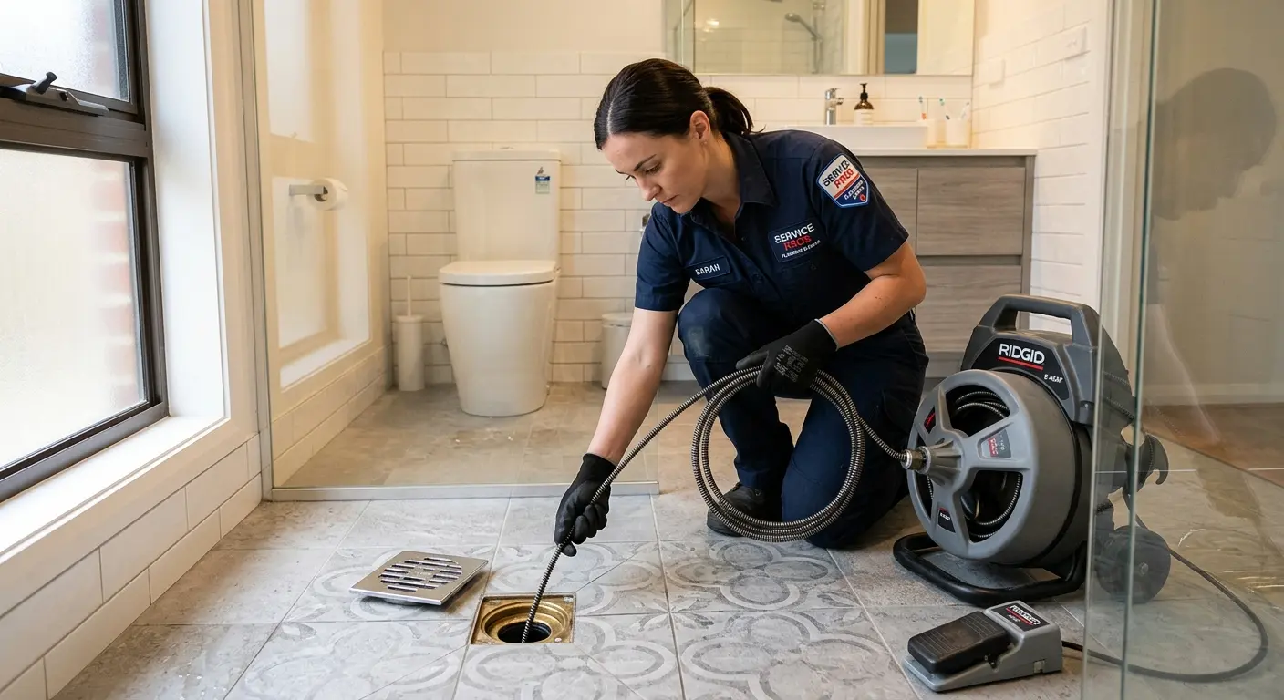 Technician clearing a bathroom floor drain for Sewer Line Replacement in Beverly Hills